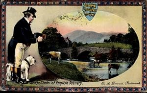 Passepartout Wappen Ansichtskarte / Postkarte Schnappschüsse von englischer Landschaft, Brücke, H...