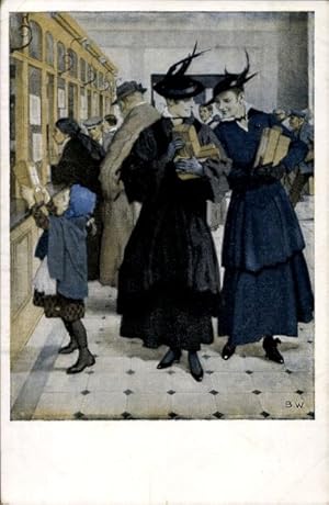 Künstler Ansichtskarte / Postkarte Wennerberg, Bruno, Liebesgaben, Frauen mit Paketen im Postamt