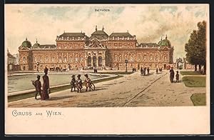 Bild des Verkufers fr Lithographie Wien, Belvedere mit Spaziergngern zum Verkauf von Bartko-Reher