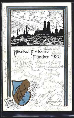 Künstler-Ansichtskarte München, Absolvia Merkatura 1920, Studentenwappen, Ortsansicht
