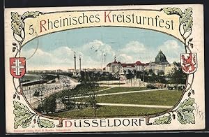 Ansichtskarte Düsseldorf, Stadtansicht am Fluss im Herbst, zum 5. Rheinischen Kreisturnfest