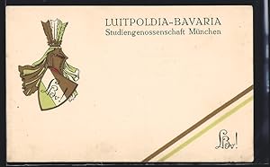 Ansichtskarte München, Studiengenossenschaft Luitpoldia-Bavaria, Studentenwappen, Banderole