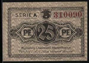 Notgeld Schwerin, 1922, 25 Pfennig, Unterschrit Staatsministerium, Stadtwappen