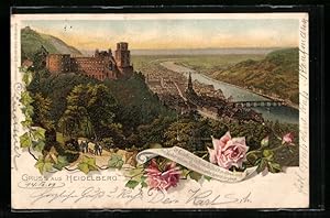 Lithographie Heidelberg, Panoramaansicht mit Burg und der Brücke, Rosen