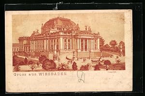 Lithographie Wiesbaden, Theater mit Kutschen und Passanten