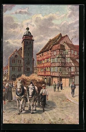 Künstler-Ansichtskarte Mosbach, Marktplatz mit Rathaus