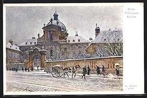 Bild des Verkufers fr Knstler-Ansichtskarte Wien, Salesianer-Kirche im Winter zum Verkauf von Bartko-Reher