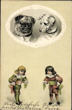 Präge Litho Zwei Jungen und Portrait zweier Hunde