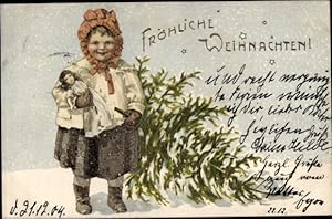 Präge Litho Frohe Weihnachten, Mädchen mit Puppe, Tannenbaum