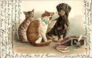 Bild des Verkufers fr Litho Zwei Katzen und Dackel, Bcher, Tintenfass, Unterricht zum Verkauf von akpool GmbH