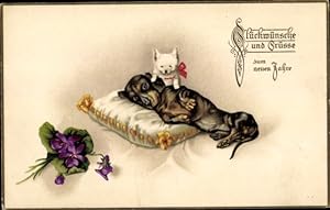 Ansichtskarte / Postkarte Fröhliches Neujahr, Dackel auf einem Kissen, kleiner weißer Hund, Veilchen