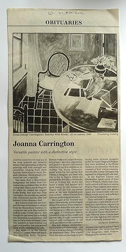 Bild des Verkufers fr Obituary of Joanna Carrington by Anthony Sampson Extracted from the Independent, 22 November 2003. zum Verkauf von Roe and Moore