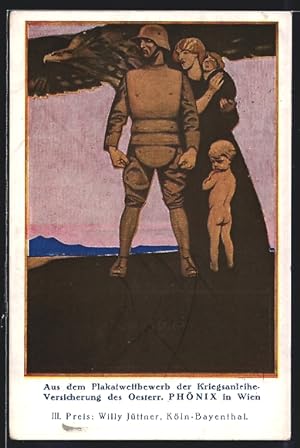 Künstler-Ansichtskarte W.I.: Soldat in Uniform mit Grabenpanzer und Stahlhelm beschützt seine Fam...