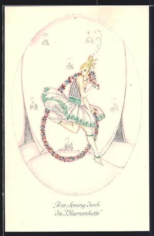 Künstler-Ansichtskarte Brüder Kohn (B.K.W.I) Nr. 423-4: Junge Frau springt durch eine Blumenkette