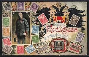 Ansichtskarte Kaiser Franz Josef I. von Österreich, Briefmarken der Regierungsmitglieder