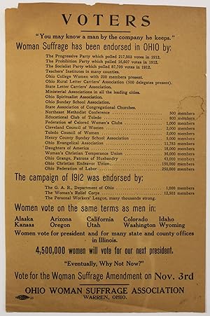 VOTERS. "YOU MAY KNOW A MAN BY THE COMPANY HE KEEPS." WOMAN SUFFRAGE HAS BEEN ENDORSED IN OHIO BY...