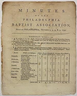 MINUTES OF THE PHILADELPHIA BAPTIST ASSOCIATION, HELD AT PHILADELPHIA, OCTOBER 2, 3, 4, & 5, 1792