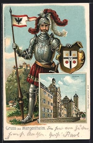 Passepartout-Lithographie Mergentheim, Am Schloss, Ritter in Rüstung mit Wappen