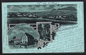 Mondschein-Lithographie Waldkatzenbach, Gasthaus u. Pension zum Katzenbuckel, Katzenbuckelturm, T...