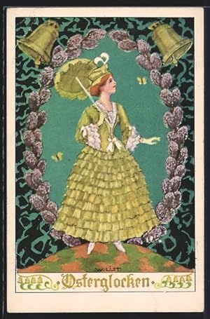 Künstler-Ansichtskarte Wilhelm List: Osterglocken, Dame in grünem Kleid mit Schirm