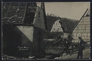 Foto-Ansichtskarte Mühlen a. Neckar, Die Wirbelsturm-Katastrophe 1913, Zerstörte Ortspartie