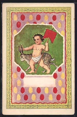 Künstler-Ansichtskarte Wilhelm List: Baby mit Banner und Osterhase