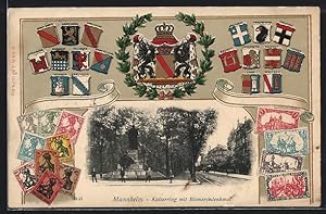 Ansichtskarte Mannheim, Kaiserring mit Bismarckdenkmal, versch. Briefmarken