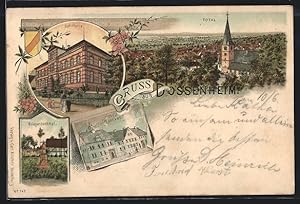 Lithographie Dossenheim, Schulhaus, Rathaus, Kriegerdenkmal