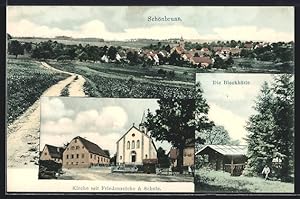 Ansichtskarte Schönbrunn / Baden, Blockhütte, Kirche mit Friedenseiche u. Schule, Gesamtansicht m...