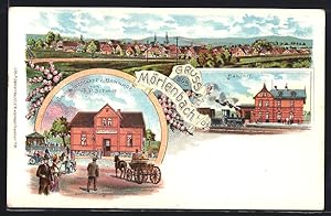 Lithographie Mörlenbach i. Od., Gasthaus zum Bahnhof, Bahnhof mit einfahrendem Zug