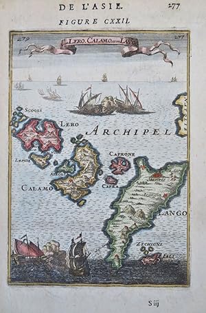 Greek Islands Dodecanese Lango Leros Calamo 1683 Mallet hand colored small map
