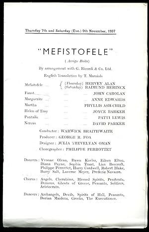 Seller image for Mefistofele | Opera Programme | Performed 7th and 9th November 1957 | Welsh National Opera Company for sale by Little Stour Books PBFA Member