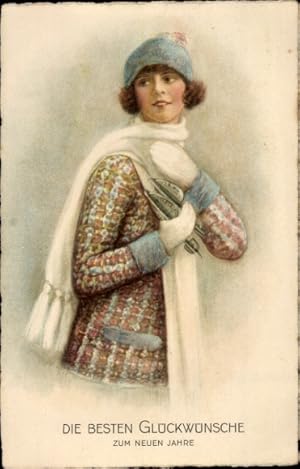 Ansichtskarte / Postkarte Glückwunsch Neujahr, Frau in Winterkleidung mit Schlittschuhen in der Hand