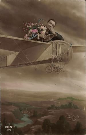 Ansichtskarte / Postkarte Mann in einem Flugzeug, Fotomontage