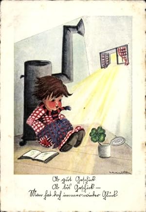 Künstler Ansichtskarte / Postkarte Kind wärmt sich am Ofen, Kleeblatt in einer Dose