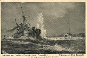 Künstler Ansichtskarte / Postkarte Teschinsky, P., Untergang des englischen Panzerkreuzers Formid...