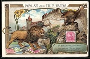Lithographie Ganzsache Bayern PP15E16 /01: Nürnberg, Bayerischer Löwe verteidigt Briefmarken gege...
