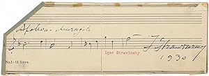 Bild des Verkufers fr Autograph musical quotation from the composer's ballet Apollon Musagte, signed "I Stravinsky" and dated 1930 zum Verkauf von J & J LUBRANO MUSIC ANTIQUARIANS LLC