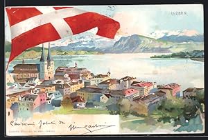 Künstler-Ansichtskarte Luzern, Teilansicht mit Flagge