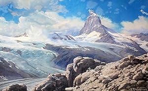 Bild des Verkufers fr Blick auf das Matterhorn" hochwertiges Faksimile in Gicledruck mit weiem Rand auf 250g Schwarzwaldmhle Kunstdruck-Karton (21x30cm) nach einer Gouache von Reschreiter zum Verkauf von Kunsthandel & Antiquariat Magister Ru