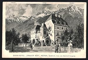 Künstler-Ansichtskarte F.A.C.M. Reisch: Meran, Gasthof Grauer Bär, gegenüber dem Bahnhof