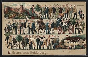 Lithographie Heidelberg, Gasthaus zur Hirschgasse, Schloss, Studenten Suevia, Arminia, Allemannia