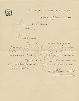 1931 Manuscript Letter Relating to Canadian Publishing History on the First Edition of the Revue ...