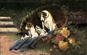 Künstler Ansichtskarte / Postkarte Hunde, Terrier mit drei Welpen in einem Weidenkorb, Blaue Decke