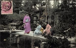 Ansichtskarte / Postkarte Japan, Mädchen in japanischer Tracht beim Angeln, Teich, Garten