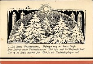 Künstler Ansichtskarte / Postkarte Glückwunsch Weihnachten, Tannenbäume, Stern, Kerzen