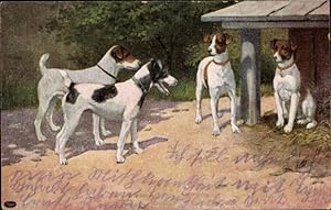 Ansichtskarte / Postkarte Vier Terrier vor einer Holzhütte, Halsband, Stroh