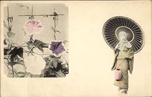 Ansichtskarte / Postkarte Japan, Mädchen in japanischer Tracht, Sonnenschirn, Kopftuch, Blumen