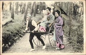 Ansichtskarte / Postkarte Japan, Frauen in japanischer Tracht, Rikscha-Fahrer