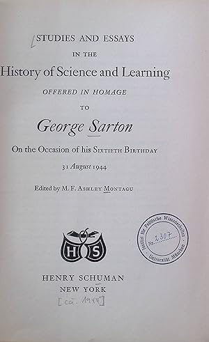 Seller image for Studies and Essays in the History of Science and Learning for sale by books4less (Versandantiquariat Petra Gros GmbH & Co. KG)